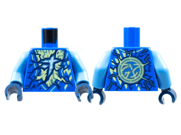 Torso Tunic, Yellowish Green and Shiny Blue Energy, Ninjago Logogram Letter J Pattern / Medium Blue Arms / Dark Blue Hands