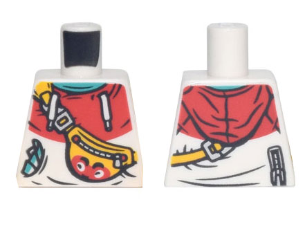 Torso Hoodie with Red Hood, White Drawstrings, Yellow Pouch with Strap, Zipper, and Red Face Pattern