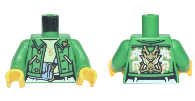 Torso Jacket with Bright Light Blue Purse, Gold 'D' Necklace, Dragon Head, and 2 White Horses Pattern / Bright Green Arms / Yellow Hands