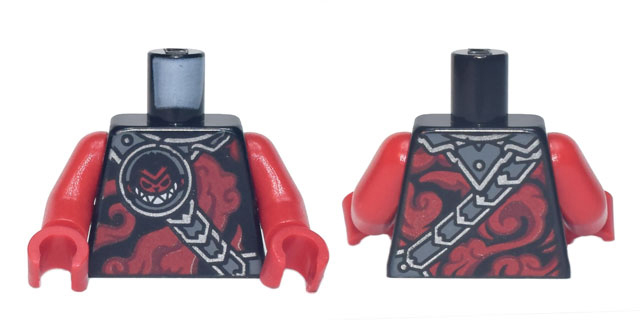 Torso Red Smoke, Black and Silver Collar and Strap, Black and Red Monkey Head with White Pointed Teeth Pattern / Red Arms / Red Hands