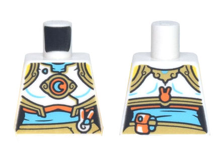 Torso Female Crop Top with Gold Trim, Medium Azure and Orange Crescent Moon Symbol, Bunny Head, and Pouch Pattern