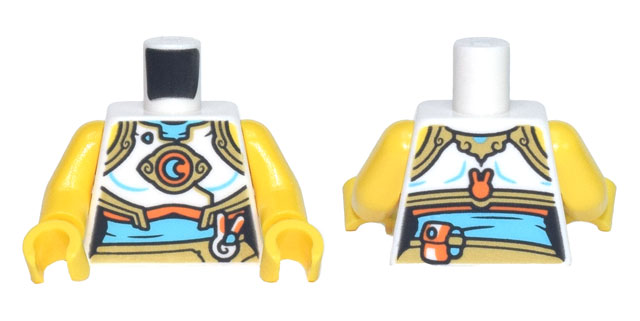 Torso Female Crop Top with Gold Trim, Medium Azure and Orange Crescent Moon Symbol, Bunny Head, and Pouch Pattern / Yellow Arms / Yellow Hands