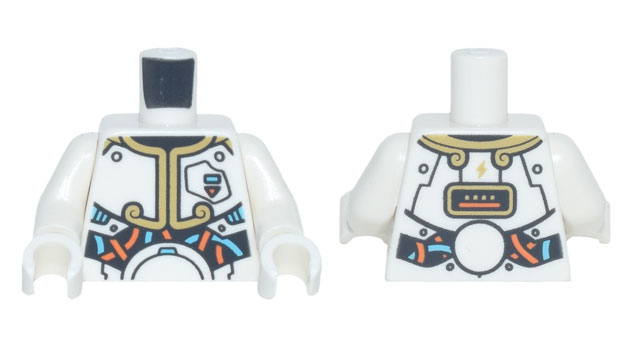 Torso Spacesuit with Gold Trim, Medium Azure and Orange Wires Pattern / White Arms / White Hands