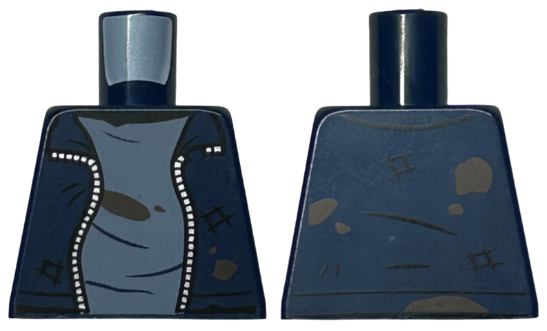 Torso Jacket Open with Silver Zipper, Sand Blue Shirt, Dark Brown Dirt Stains, and Scrapes Pattern