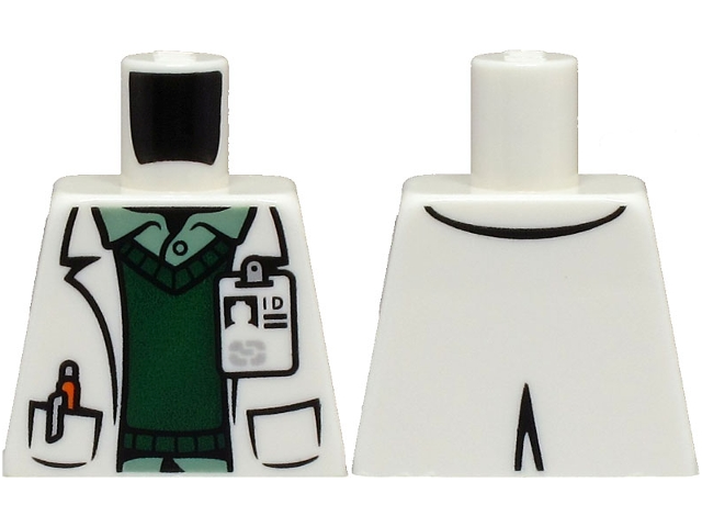 Torso Lab Coat with ID Badge and Orange Pen in Pocket over Dark Green Vest and Sand Green Shirt Pattern