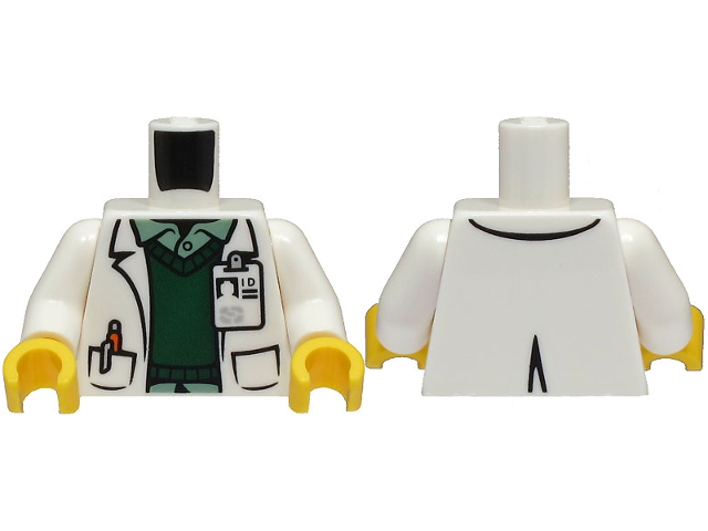 Torso Lab Coat with ID Badge and Orange Pen in Pocket over Dark Green Vest and Sand Green Shirt Pattern / White Arms / Yellow Hands