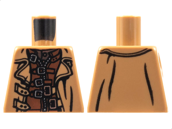 Torso Trench Coat Open over Reddish Brown Jacket with Straps and Zipper, Silver and Copper Buckles Pattern