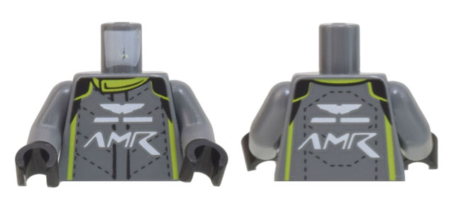 Torso Racing Suit with 'AMR' Aston Martin Logo, Lime Collar and Stripes Pattern / Dark Bluish Gray Arms / Black Hands