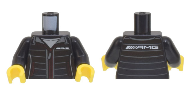 Torso Jacket with Red Zipper and Pockets, Dark Bluish Gray Stripes, White 'AMG' Logo Pattern / Black Arms / Yellow Hands