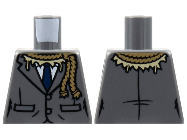 Torso Suit Jacket, Dark Blue Tie, White Shirt, Dark Tan Rope Around Neck, Tan Straw Pattern