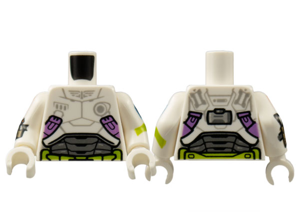 Torso Armor, Light Bluish Gray Star Command Logo, Medium Lavender and Lime Trim Pattern / White Arms with Badge, Cuff Weapon, Lime Stripe Pattern / White Hands