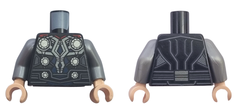 Torso Armor with 6 Silver Circles, Dark Silver Chest, Dark Blue and Red Trim, Dark Bluish Gray Contour Lines Pattern / Flat Silver Arms / Light Nougat Hands