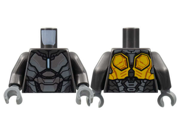 Torso Armor, Silver and Dark Bluish Gray Panels, Metallic Light Blue Rod Arc Reactor, Pearl Gold Trim on Back Pattern / Pearl Dark Gray Arms / Dark Bluish Gray Hands