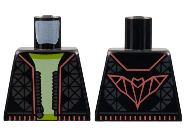 Torso Jacket with Pearl Dark Gray Tiling and Zipper, Coral Trim and Bat on Back, Yellowish Green Shirt Pattern