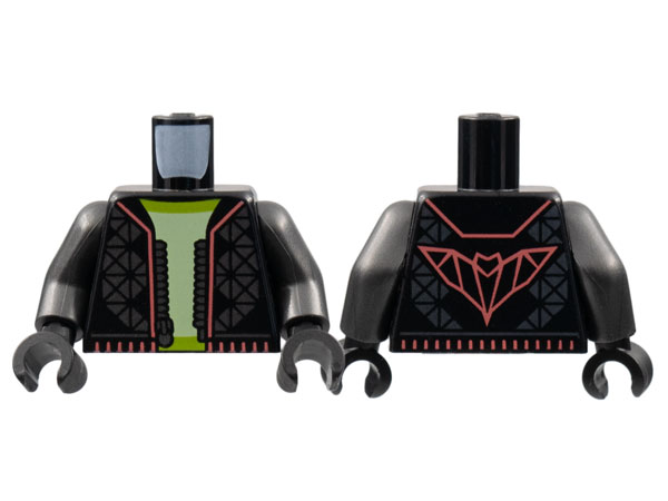 Torso Jacket with Pearl Dark Gray Tiling and Zipper, Coral Trim and Bat on Back, Yellowish Green Shirt Pattern / Pearl Dark Gray Arms / Black Hands