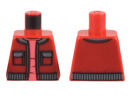 Torso Jacket Open with Pockets and Dark Bluish Gray Collar, Trim, and Waistband over Coral Shirt Pattern