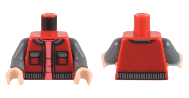 Torso Jacket Open with Pockets and Dark Bluish Gray Collar, Trim, and Waistband over Coral Shirt Pattern / Dark Bluish Gray Arms / Light Nougat Hands