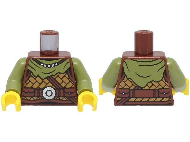 Torso Viking Armor, Medium Nougat Leather, Olive Green Bandana, Necklace, Strap, Belt with Silver Disk Pattern / Olive Green Arms / Yellow Hands