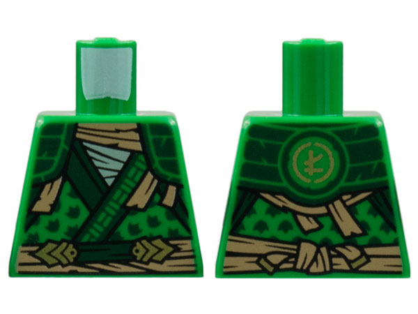 Torso Tunic, Dark Green Hems and Shoulder Pads, Tan Tattered Scarf and Sash, Gold Ninjago Logogram Letter L on Back Pattern