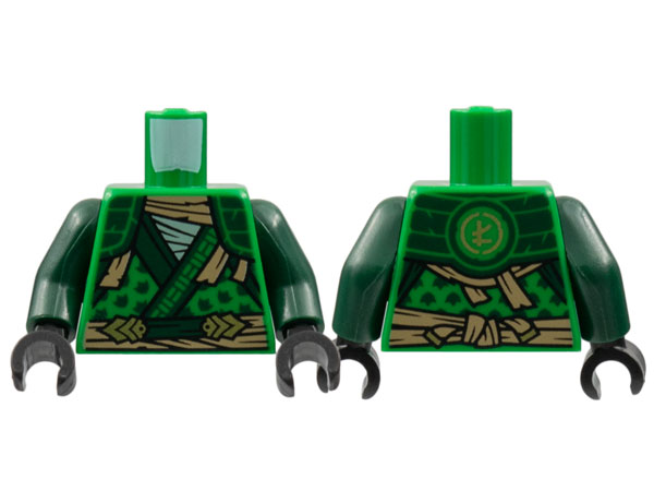 Torso Tunic, Dark Green Hems and Shoulder Pads, Tan Tattered Scarf and Sash, Gold Ninjago Logogram Letter L on Back Pattern / Dark Green Arms / Black Hands