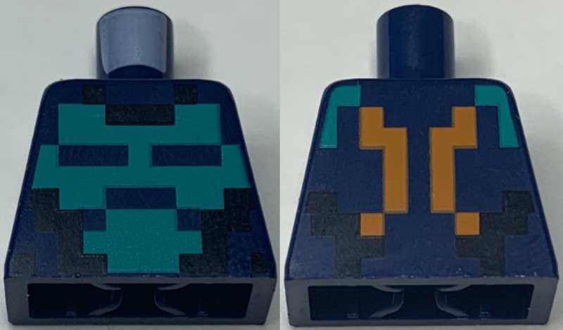 Torso Pixelated Dark Turquoise and Black Shirt, Bright Light Orange Straps on Back Pattern