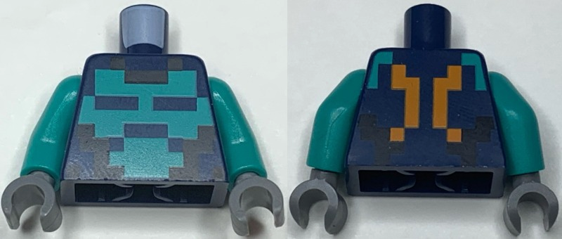 Torso Pixelated Dark Turquoise and Black Shirt, Bright Light Orange Straps on Back Pattern / Dark Turquoise Arms / Dark Bluish Gray Hands