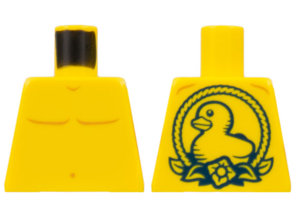 Torso Bare Chest with Medium Nougat Muscles Outline and Navel, Duckling Tattoo in Dark Blue Rope Circle with Flower and Leaves on Back Pattern