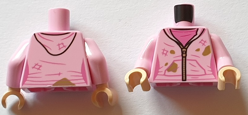 Torso Female Jacket with Hood and Silver Zipper over Dark Pink Shirt, Dark Tan Dirt Stains Pattern / Bright Pink Arms / Light Nougat Hands