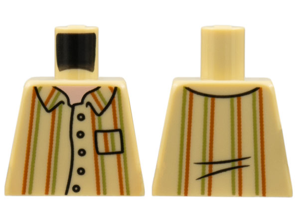 Torso Button Up Shirt with Pocket, Light Nougat Neck, Dark Orange and Olive Green Vertical Stripes Pattern