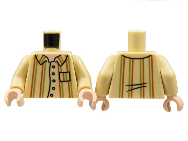 Torso Button Up Shirt with Pocket, Light Nougat Neck, Dark Orange and Olive Green Vertical Stripes Pattern / Tan Arms / Light Nougat Hands