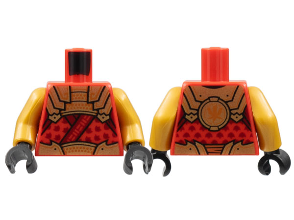 Torso Tunic, Gold Plate Armor and Belt with Dark Orange Trim, Ninjago Logogram Letter K, Dark Red Leaves Pattern / Pearl Gold Arms / Black Hands