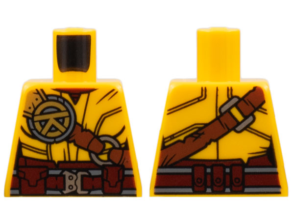 Torso Female, Dark Red Collar and Belt, Reddish Brown Shoulder Belt, Silver Buckles, Gold Ninjago Logogram Letter R Pattern