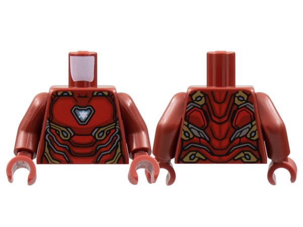Torso Armor with Metallic Light Blue Triangle Arc Reactor, Red Panels, Gold and Silver Trim Pattern (Iron Man Mark 50) / Dark Red Arms / Dark Red Hands