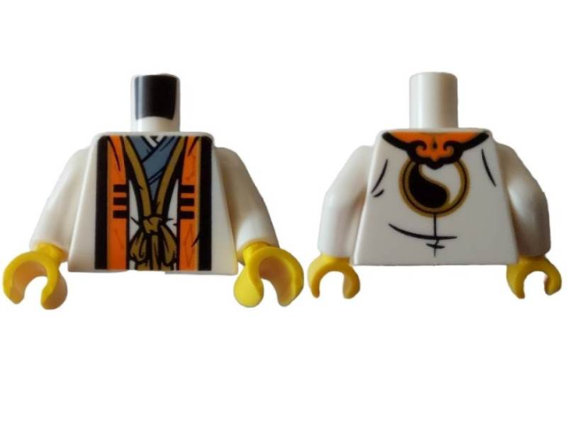Torso Robe with Black, Orange, and Gold Hems over Sand Blue Tunic, Yin and Yang Logo on Back Pattern / White Arms / Yellow Hands