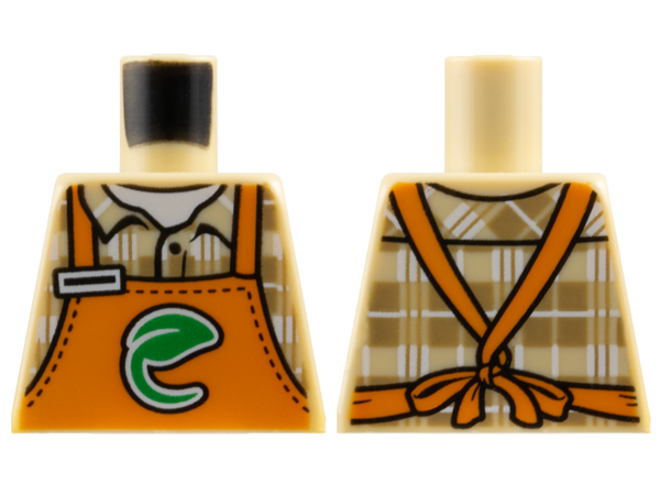 Torso Orange Apron with Green Leaf over Dark Tan and White Plaid Shirt Pattern