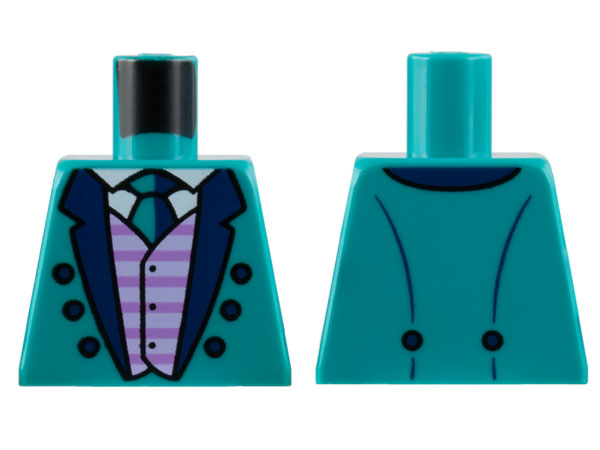 Torso Tuxedo Jacket with Dark Blue Lapels and Buttons, Lavender Striped Vest, White Shirt, Tie Pattern