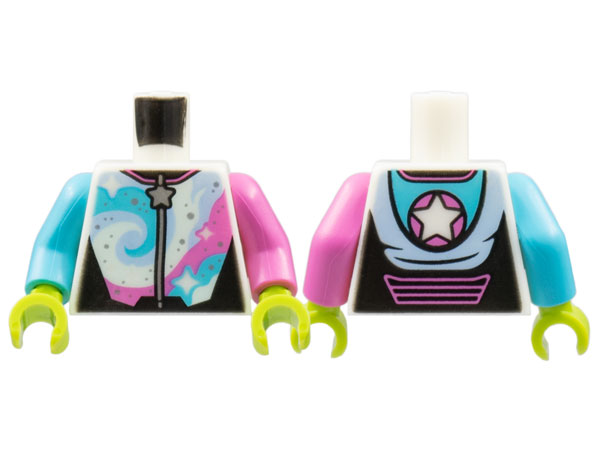 Torso Jumpsuit, Silver Star Zipper, Stars on Dark Pink and Medium Azure Swirls Pattern / Dark Pink Arm Left / Medium Azure Arm Right / Lime Hands