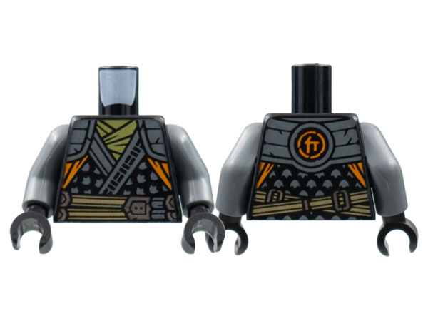 Torso Tunic, Dark Bluish Gray Hems and Leaves, Shoulder Pads, Olive Green Scarf, Tan Belt, Orange Trim Pattern / Dark Bluish Gray Arms / Black Hands