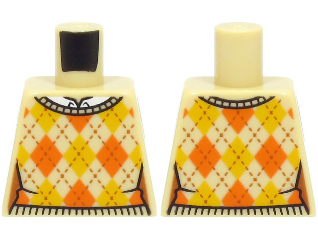 Torso Female Knit Argyle Sweater Vest with Stitching, Orange and Bright Light Orange Diamonds, and White Shirt Pattern