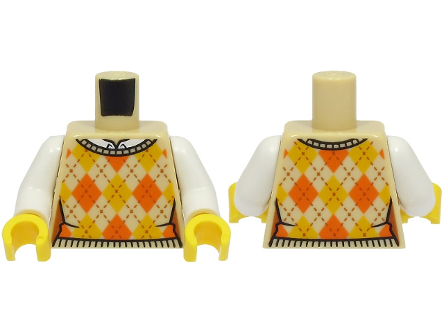 Torso Female Knit Argyle Sweater Vest with Bright Light Orange and Orange Diamonds over White Shirt Pattern / White Arms / Yellow Hands