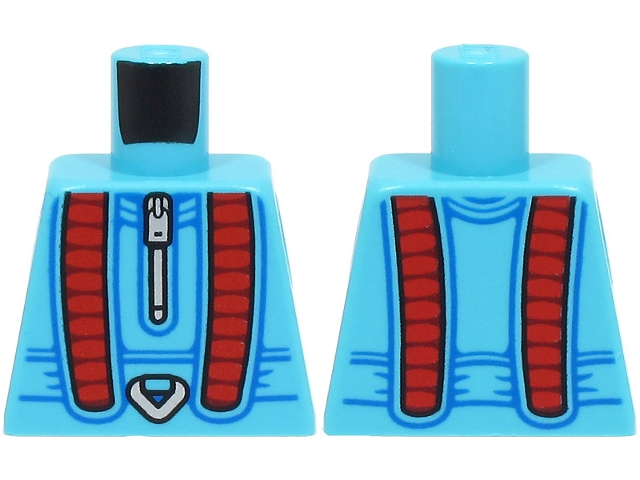 Torso Jumpsuit with Red Panels, Silver Zipper and Carabiner, Dark Azure Lines Pattern