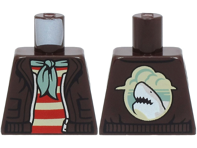 Torso Open Jacket with Silver Zipper over Red and Tan Striped Shirt, Sand Green Bandana, Shark on Back Pattern