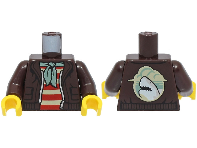 Torso Open Jacket with Silver Zipper over Red and Tan Striped Shirt, Sand Green Bandana, Shark on Back Pattern / Dark Brown Arms / Yellow Hands