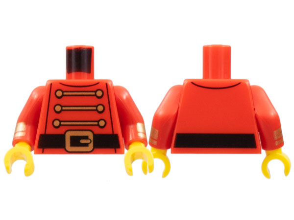 Torso 3 Gold Chains, 6 Buttons, Black Belt with Buckle Pattern / Red Arms with Gold Cuffs Pattern / Yellow Hands
