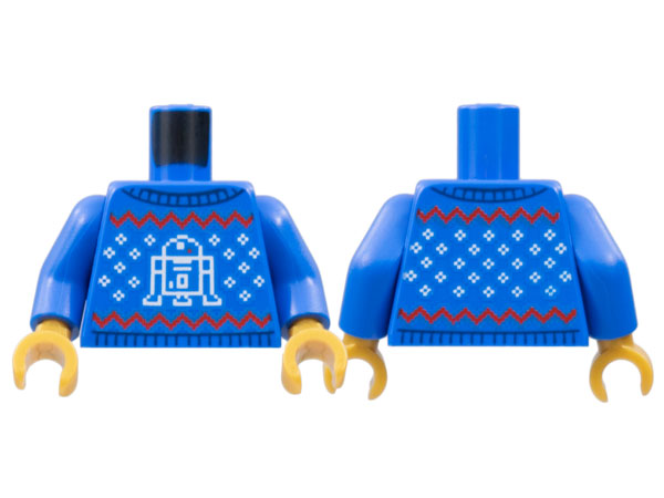 Torso Knit Fair Isle Holiday Sweater with Red Zigzag Lines, White Snowflakes and SW R2-D2 Pattern / Blue Arms / Pearl Gold Hands