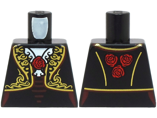 Torso La Catrina Open Jacket with Elaborate Gold Trim, Necklace, Red Roses, Dark Red Laces, White Collar Pattern (BAM)