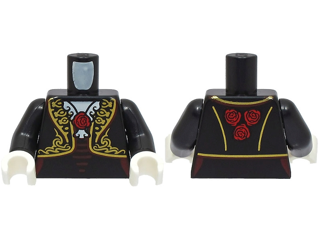 Torso La Catrina Open Jacket with Elaborate Gold Trim, Necklace, Red Roses, Dark Red Laces, White Collar Pattern (BAM) / Black Arms / White Hands