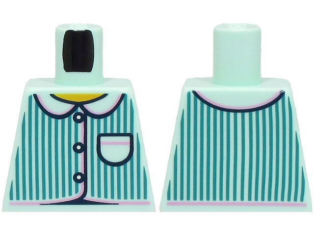 Torso Pajamas 3 Buttons, Dark Turquoise Vertical Stripes, Pocket, Bright Pink Trim, Yellow Neck Pattern (BAM)