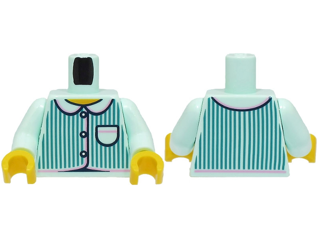 Torso Pajamas 3 Buttons, Dark Turquoise Vertical Stripes, Pocket, Bright Pink Trim, Yellow Neck Pattern (BAM) / Light Aqua Arms / Yellow Hands