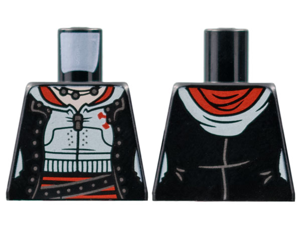 Torso Female Open Jacket with Buttons, White Hoodie, Silver Zipper and Necklace, Red Trim, Belt Pattern